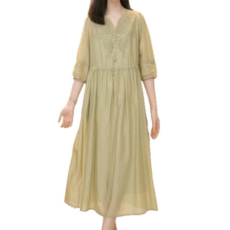 2025 summer loose and thin lace-up waist long skirt high-end heavy industry embroidery V-neck Tencel dress women