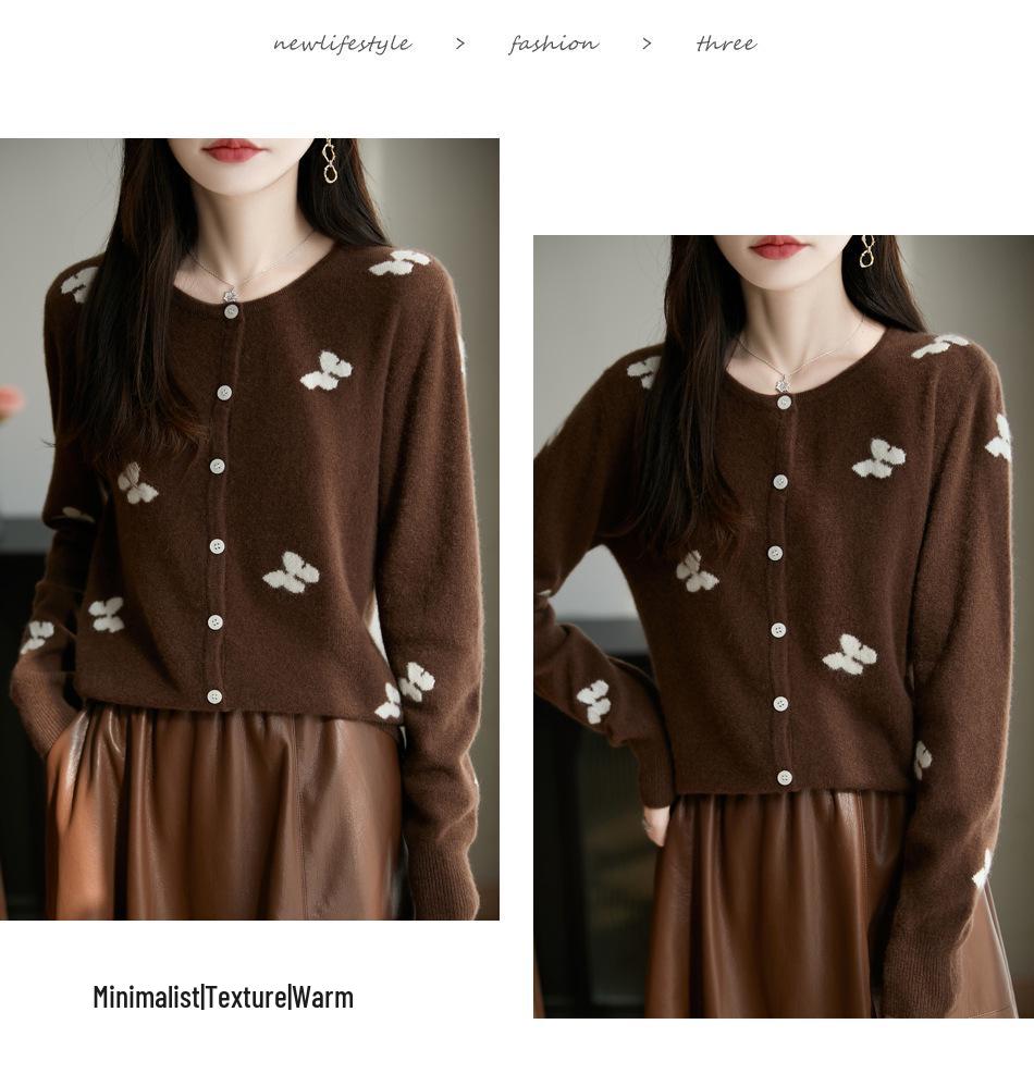 2025 Stylish Bow Jacquard Wool Knit Cardigan - Round Neck, Single-Breasted Thin Sweater Coat
