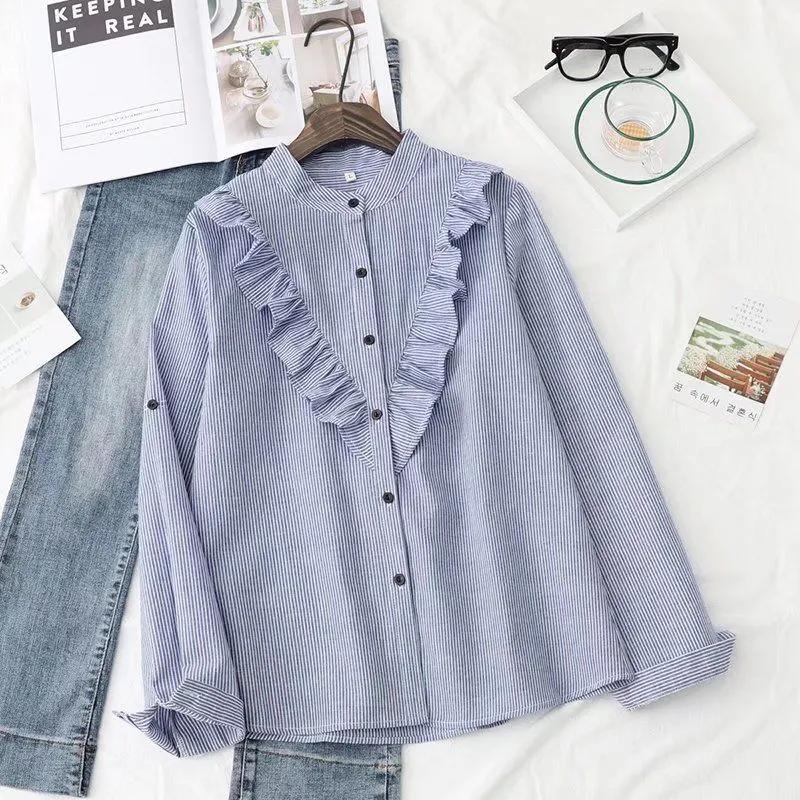 

Весна Осень Женская Винтажная рубашка с воротником-стойкой из хлопка с оборками и длинным рукавом, свободная блузка, повседневная офисная одежда XL синий