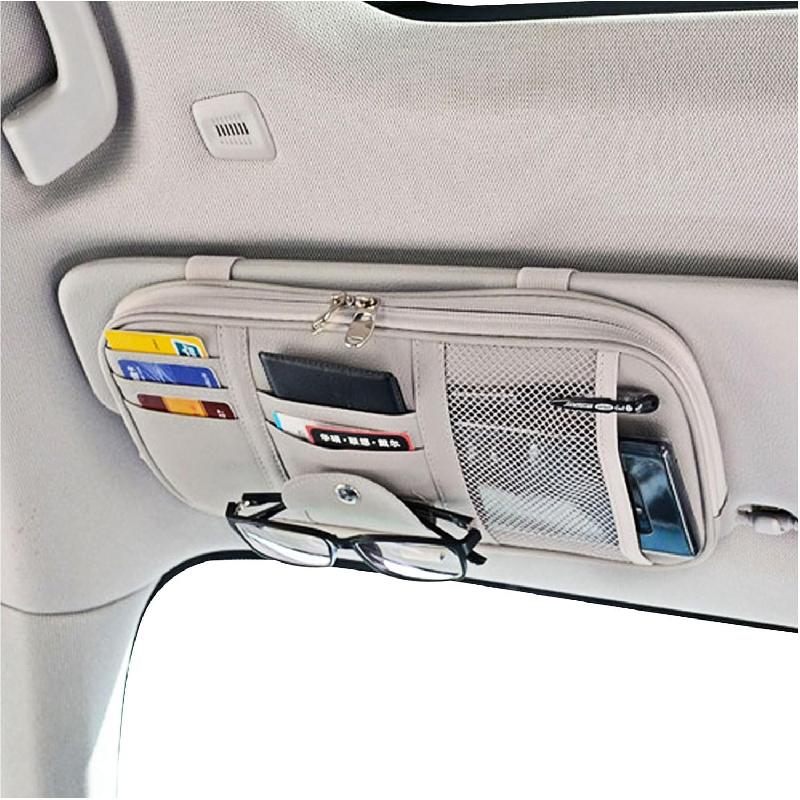 Da by Car Sun Visor Organizer, Multi-Pocket Trucks with Double Zippers, Elastic Bands & Glasses Clip - Organizes Essentials Keep Tidy (Cream Grey)