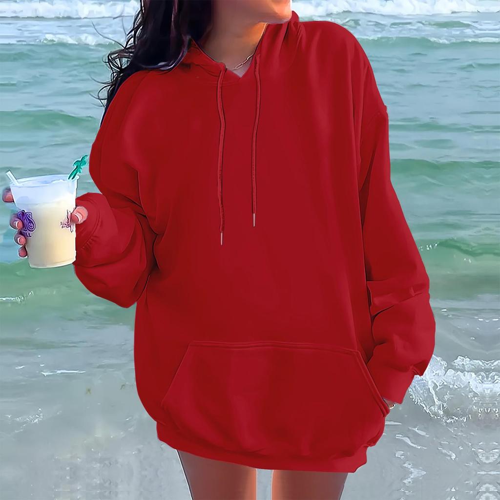 Ladies' Fashionable Casual Long Sleeved Round Neck Hooded Solid Color Hoodie With Threaded Thread
