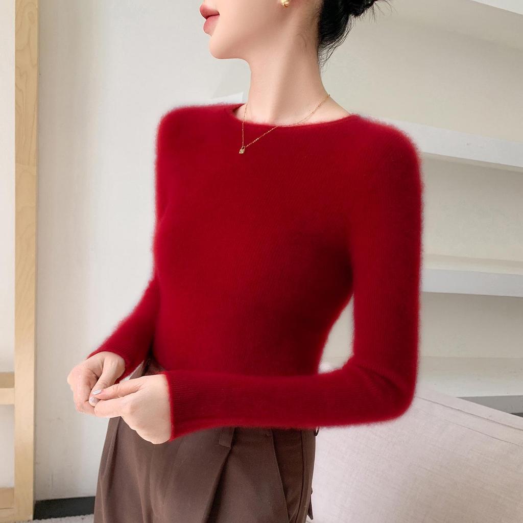 Women's Wool-Cashmere Slim Fit Seamless Sweater, Long Sleeve, Versatile Knit Base Layer with Round Neck and Rolled Hem.