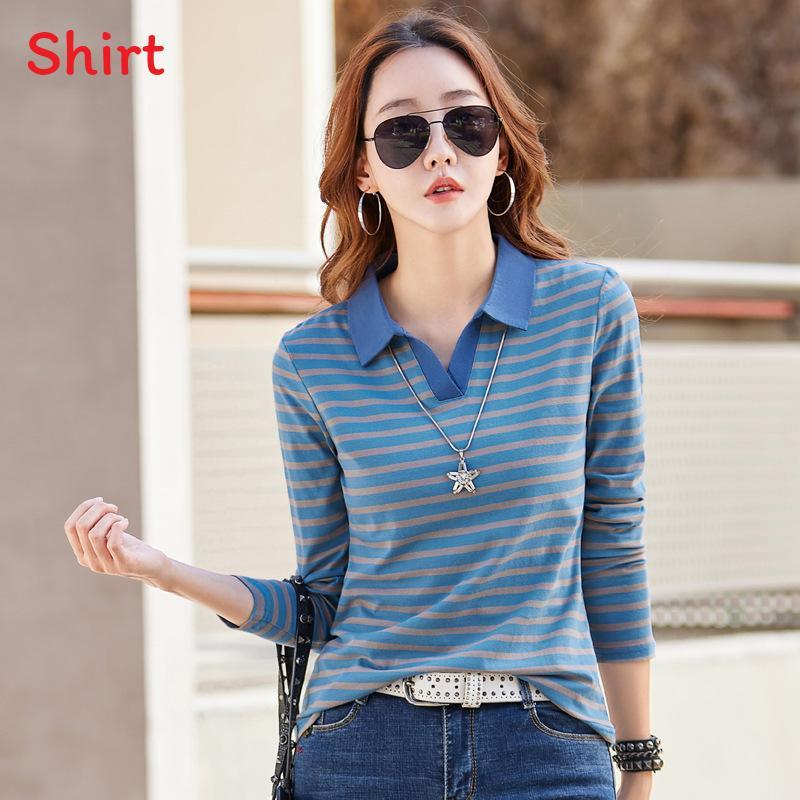 T-shirt femme manches longues col polo décontracté en coton brodé, collection printemps 2023