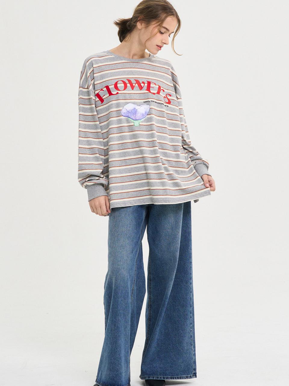Sorry, Too Much Love Flowers Stripe T-Shirt_Gray Gray