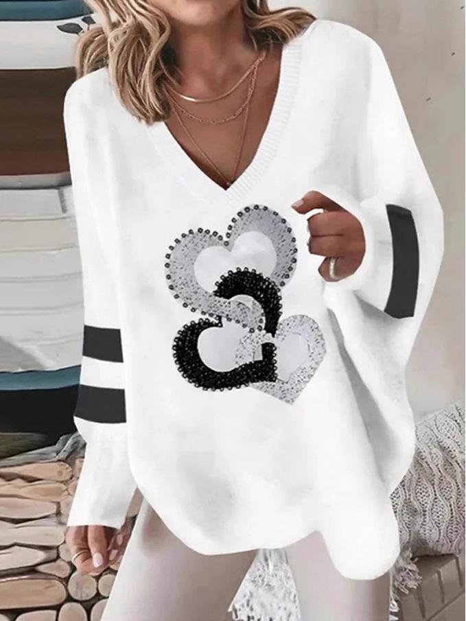 2023 Autumn/Winter Multi-color Women's V-neck Loose Long Sleeve Pullover Top