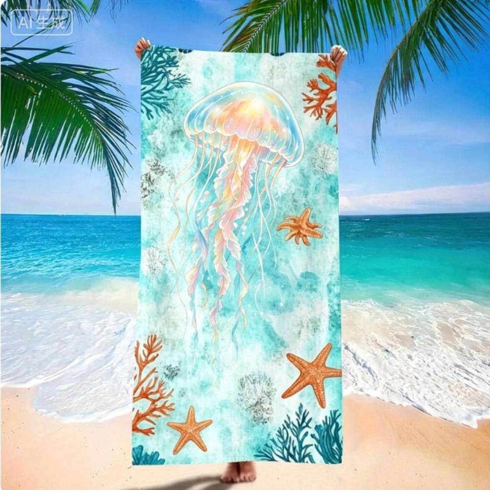 Sea Turtle Coral Microfiber Beach Towel, Ocean Life Starfish Bath Towels, Tropical Marine Scenery Travel Towel for Women Kids