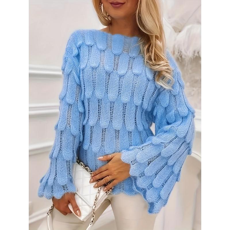Solid Cut Out Knitted Pullover Sweater, Elegant Flared Sleeve Sweater, Women's Clothing