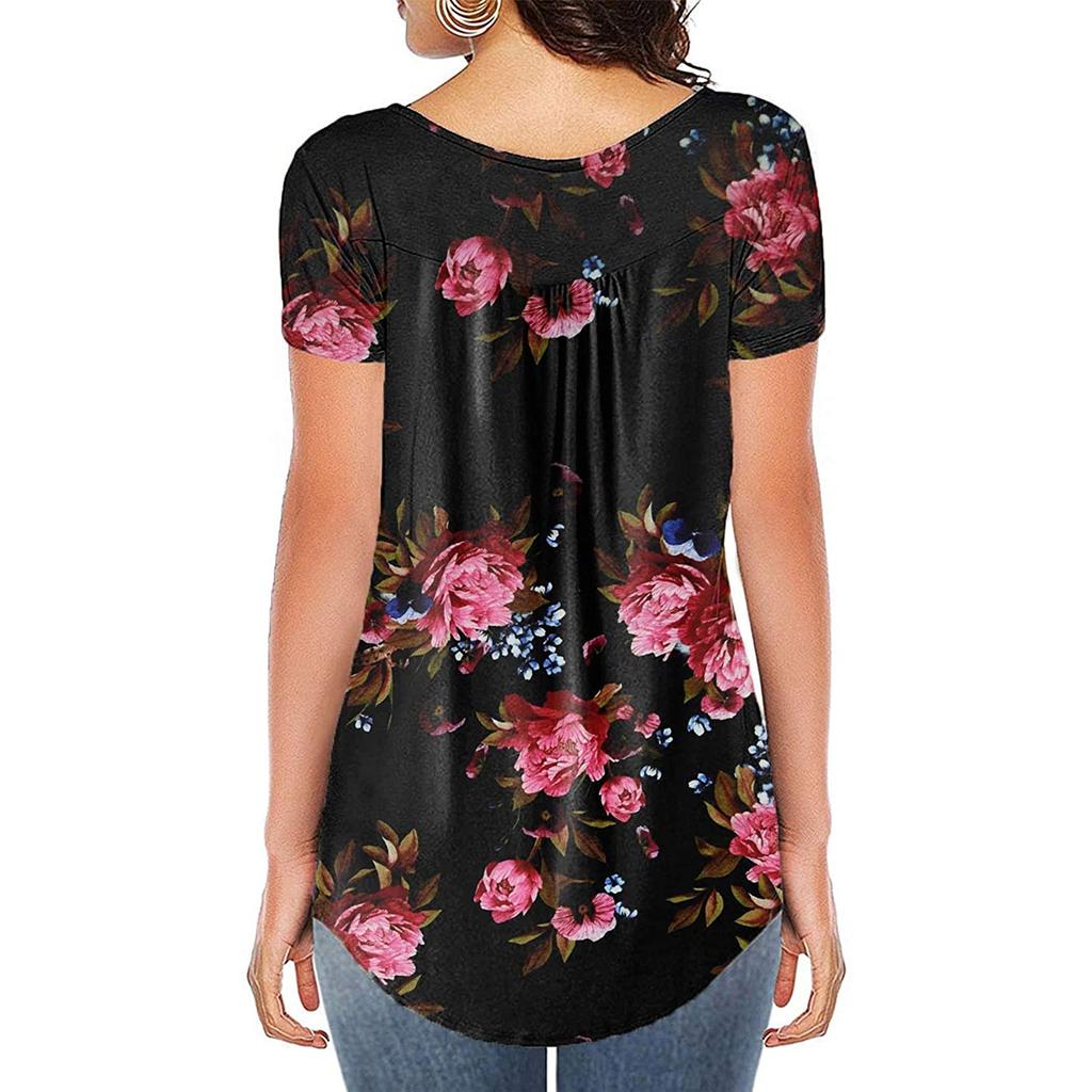 Women's Summer Casual Flower Print Short-sleeved Loose  A-line Swing Top