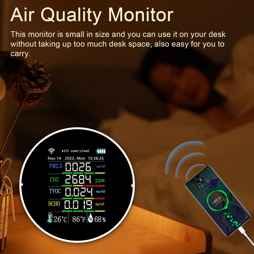 Tuya Wifi Portable Air Quality Meter 7in1 PM2.5 CO2 TVOC HCHO AQI Temperature Humidity Tester Color