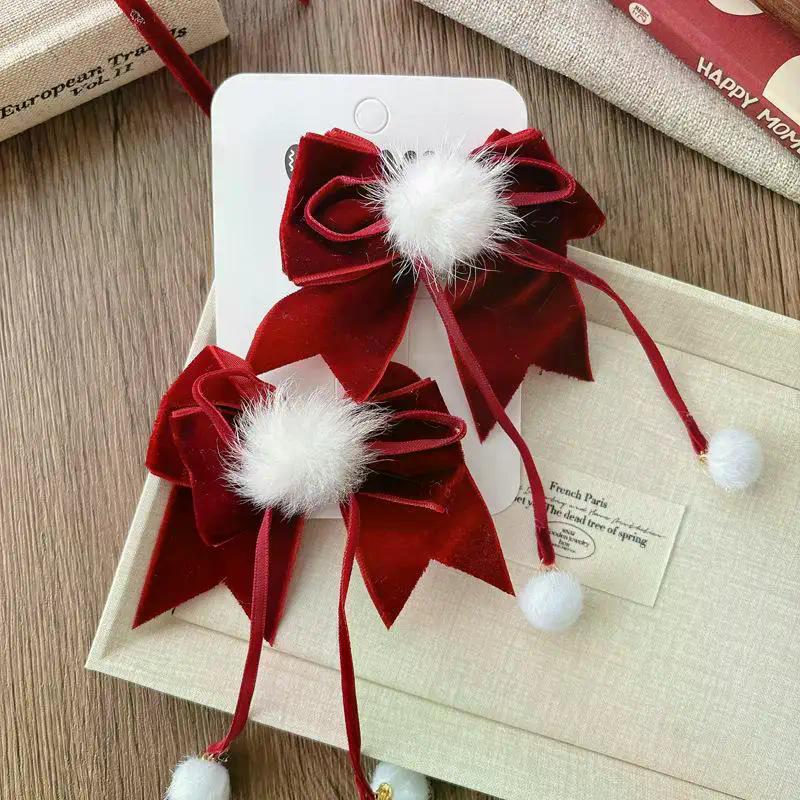 New Lace Bowknot Hair Clips For Girls Sweet Versatile Stylish New Year Ponytail Hairpin Red Velvet Korean Kids Princess Headwear