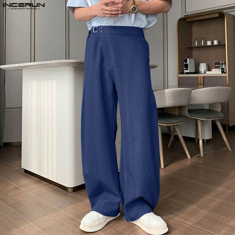 INCERUN Men Casual Back Elastic High Waist Front Cross Long Straight Pants Trousers