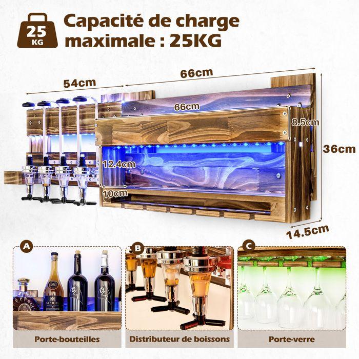 Yorbay Casier à Bouteilles Mural avec Éclairage LED, Étagère à Vin avec Distributeurs de Boissons, Porte-Bouteilles et Porte-Verres