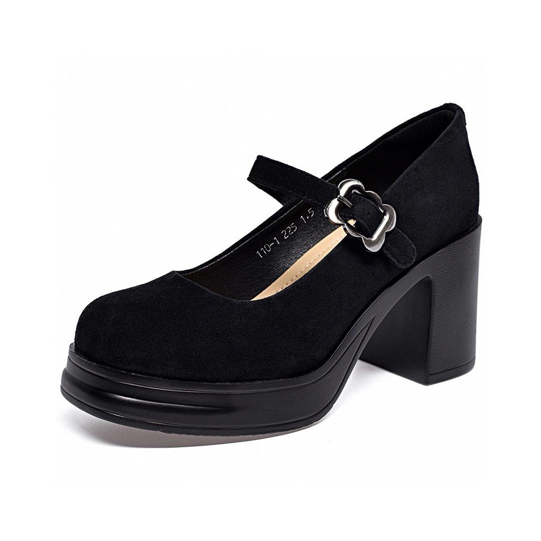 

Туфли на высоком каблуке женские 2025 весна новые водонепроницаемые на толстом каблуке с пряжкой из одного слова туфли Мэри Джейн нишевая персонализированная женская модная обувь 34 чёрный