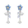 Super fairy Mori small fresh blue flower stud earrings female, sweet design tassel crystal earrings versatile earrings