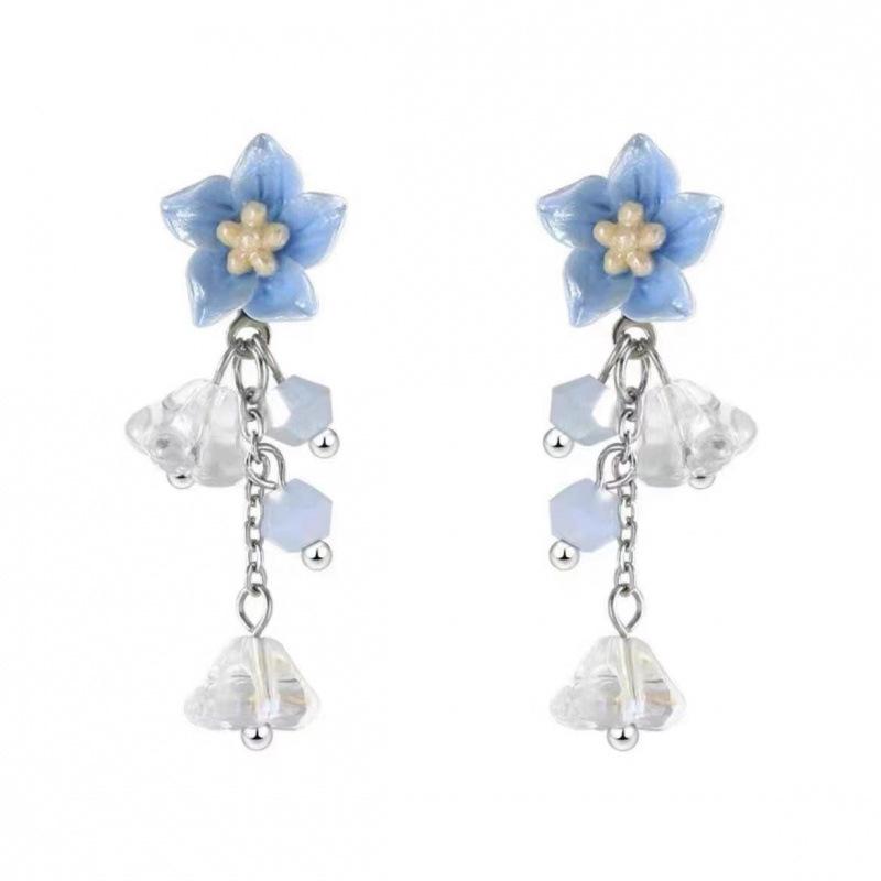 Super fairy Mori small fresh blue flower stud earrings female, sweet design tassel crystal earrings versatile earrings