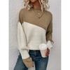 Damski sweter casual luźny dzianinowy z długim rękawem i okrągłym dekoltem w bloki kolorów