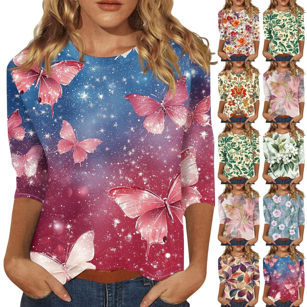 Women's Floral And Casual Three-quarter Sleeves Floral Print Collar Top