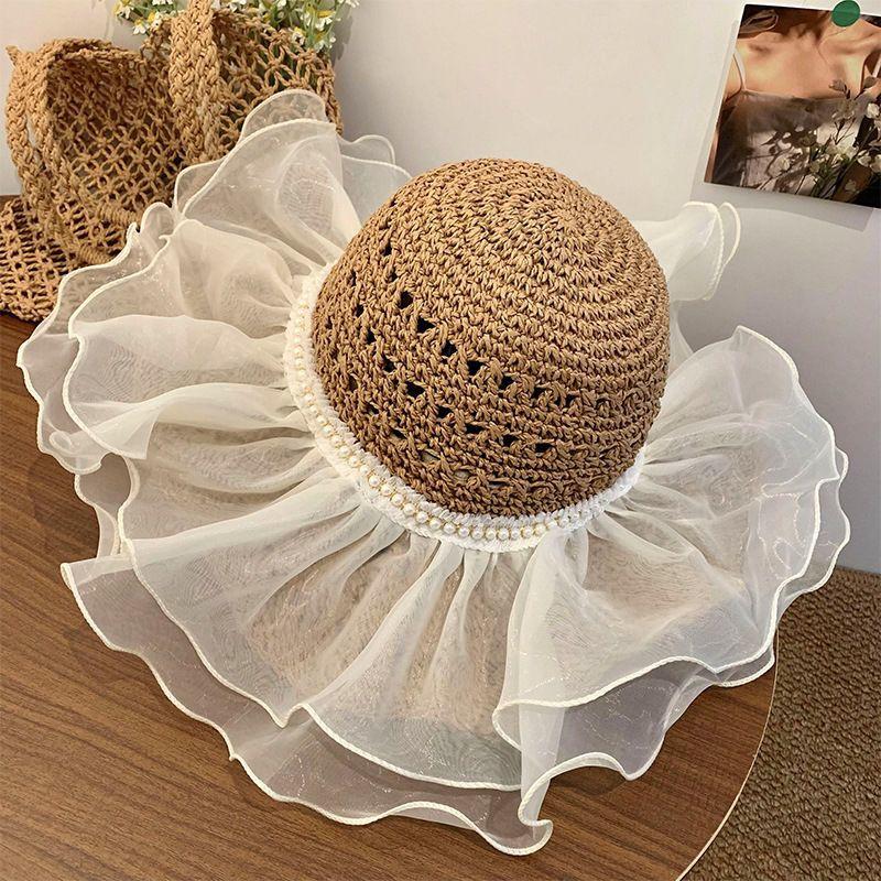 Organza Pearl Straw Hat, Female 2025 Summer New Large Brim Sunshade Sun Hat, Seaside Beach Sun Hat