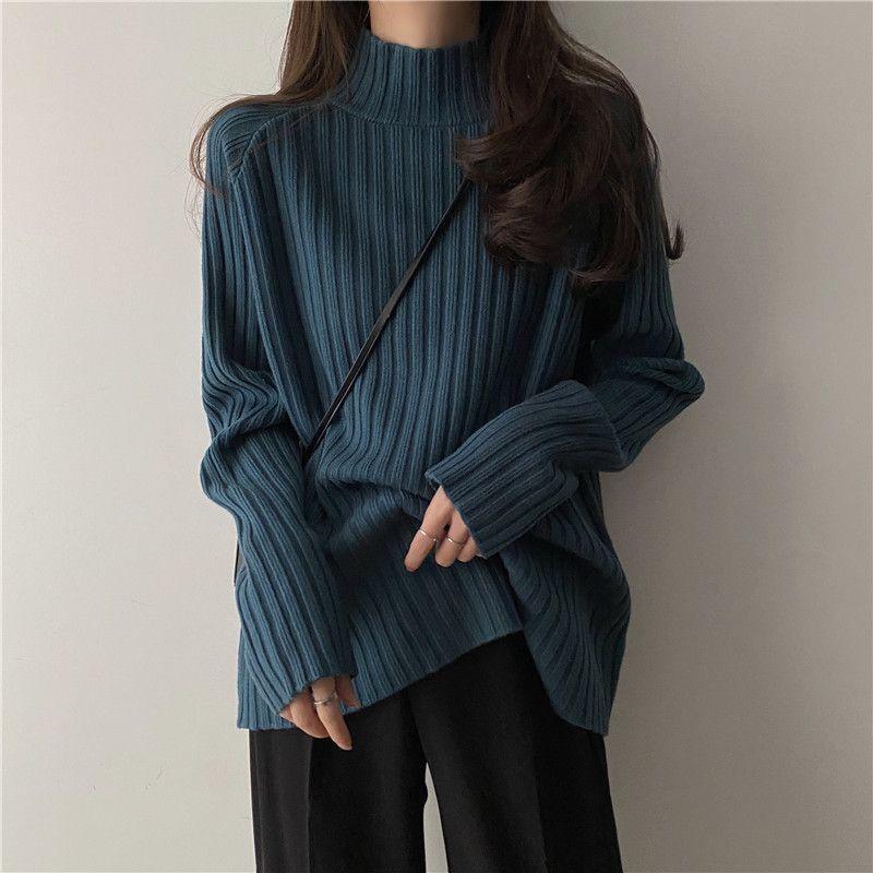 Half Turtleneck Knitted Sweater Loose Solid-color Sweater for Women Casual and Versatile Pullover for Autumn and Winter Outerwear