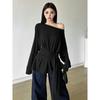 Sexy Thin See Through Long Sleeve Oversize T Shirt Women Bandage Off Shoulder Female Basic Long Tees Korean Chic Lady