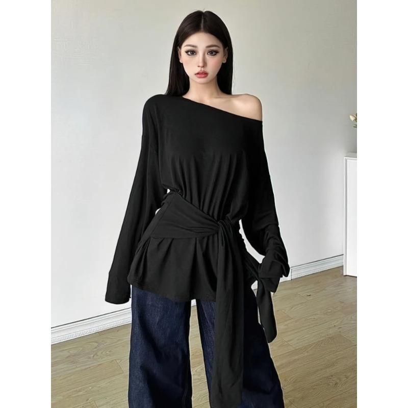 Sexy Thin See Through Long Sleeve Oversize T Shirt Women Bandage Off Shoulder Female Basic Long Tees Korean Chic Lady