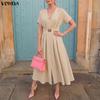 Women Elegant V Neck Pleated Midi Dress Short Sleeve High Waist A Line Office Style Sundress