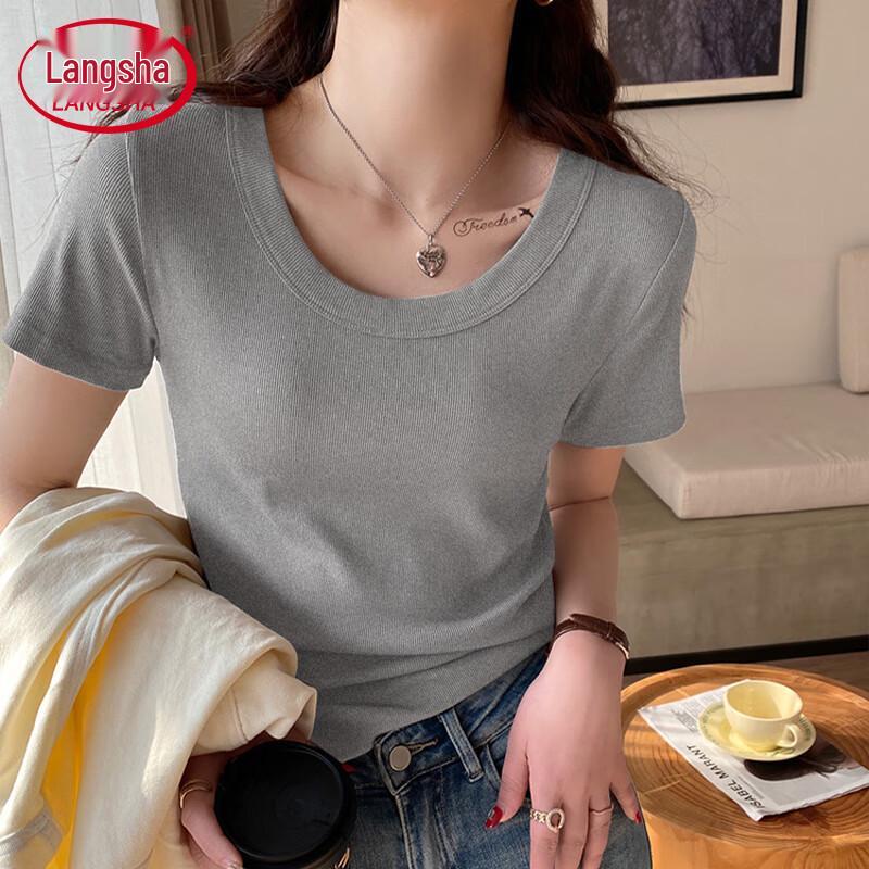 LANSWE Women's Ribbed Round Neck Short Sleeve T-Shirt