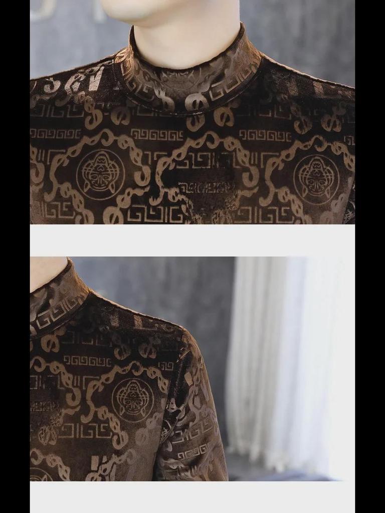Trendy Gold Velvet Langarm-Sweatshirt für Herren mit mittelhohem Kragen – Dickes, warmes Herbst-/Winter-T-Shirt
