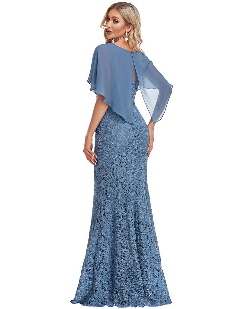 Ever-Pretty Women's Crewneck Chiffon Shawl Lace Bodice Mermaid Wedding Guest Dress Evening Dresses