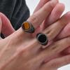 Prjewel Round Tiger Eye Stone Top Finger Band Black Zircon Stainless Steel Stamp Ring Dragon Scales Textured Signet for Men
