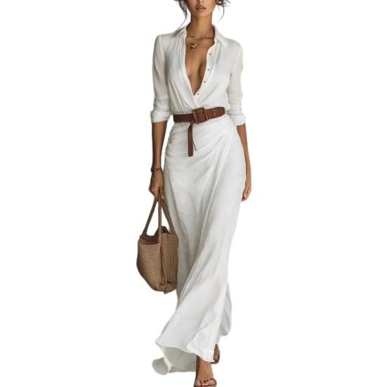 

Summer Shirt Dress for Women Long Sleeve V Neck Button Down Belted Long Dress Boho Ruched Beach Vacation Outfits XXXL белый