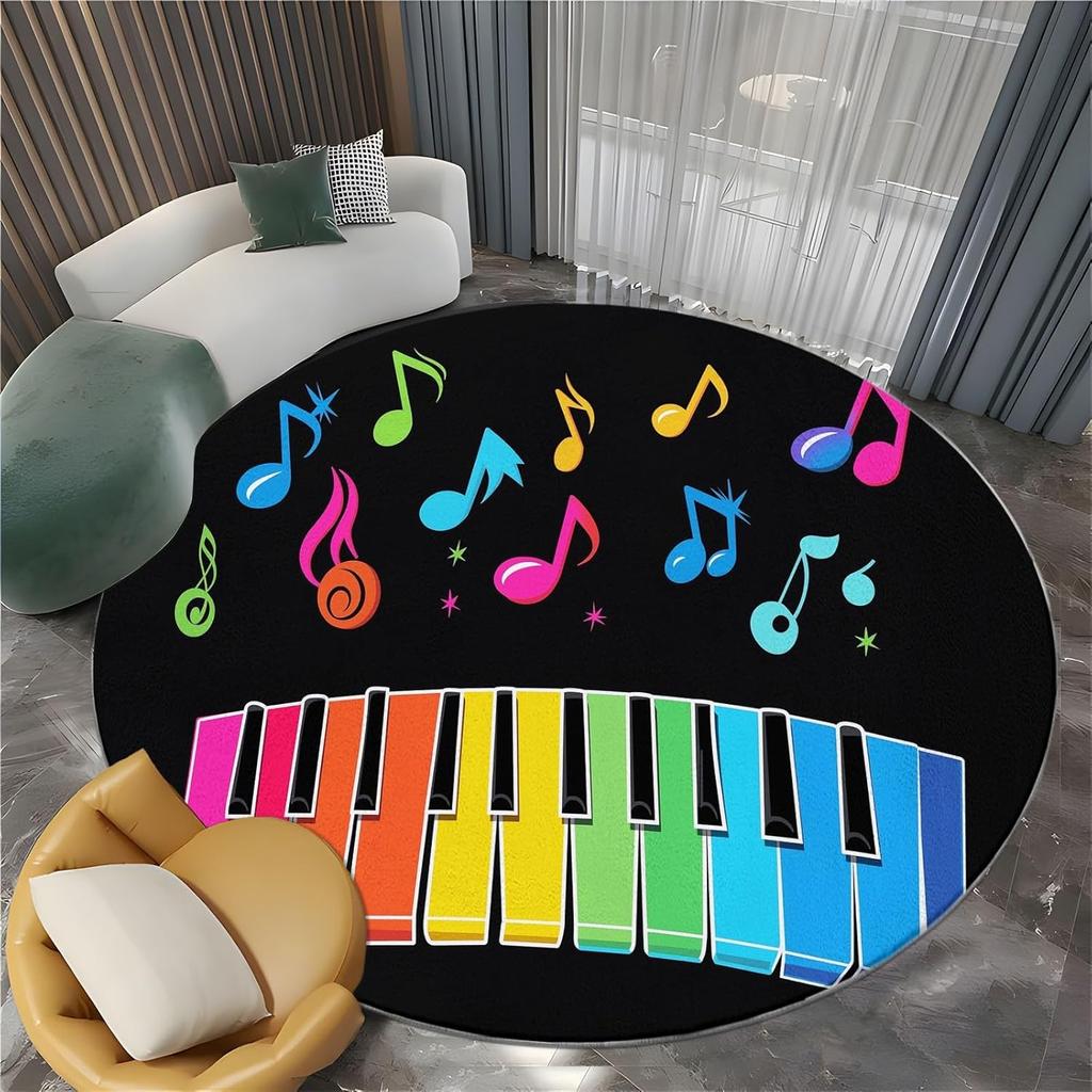 Music Color Piano Key Notes Print Round Area Rug,Cartoon Style Washable Circular Carpet Runner - Non Slip Circle Rug Carpet Mat