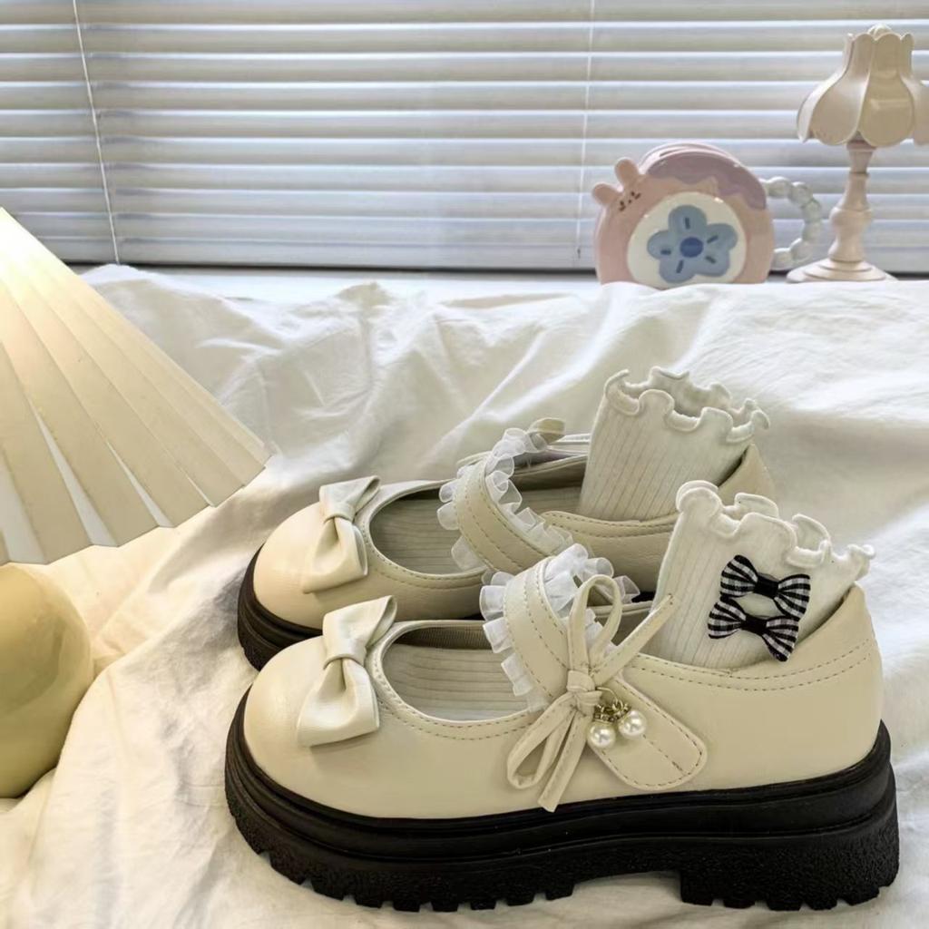 Versatile bow platform small leather shoes casual fashion round head light mouth thick heel Mary Jane single shoes 2025 new