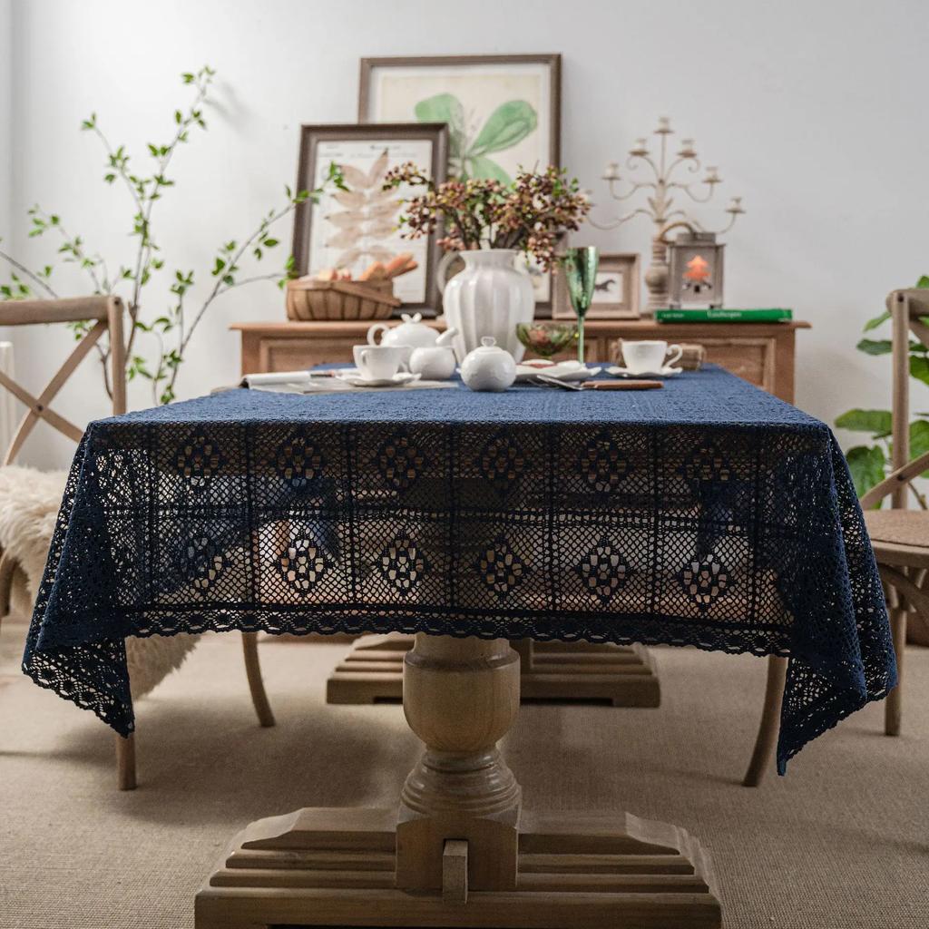Pastora Cotton Crochet Tablecloth Rectangle Black Hollow Handmade Vintage Lace Table Cloth Cover Towel For Home Kitchen Decor