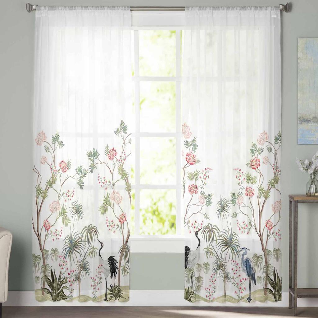 China Wind Crane Peach Tree Plant Palm Leaf Tulle Sheer Curtains For Living Room Bedroom Kitchen For Windows Voile Drapes