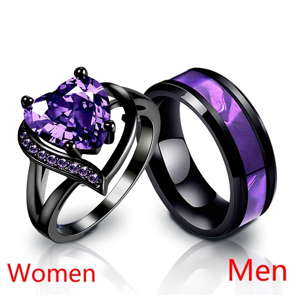 Couple Rings Romantic Women Heart Purple Rhinestones Zircon Ring Trendy Men Stainless Steel Rings Wedding Band Jewelry