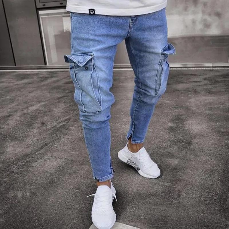 RogueWave Stretch Men's Jeans Fashion Knee Ripped Zipper Skinny Trousers Denim Pants High Waist Side Pockets