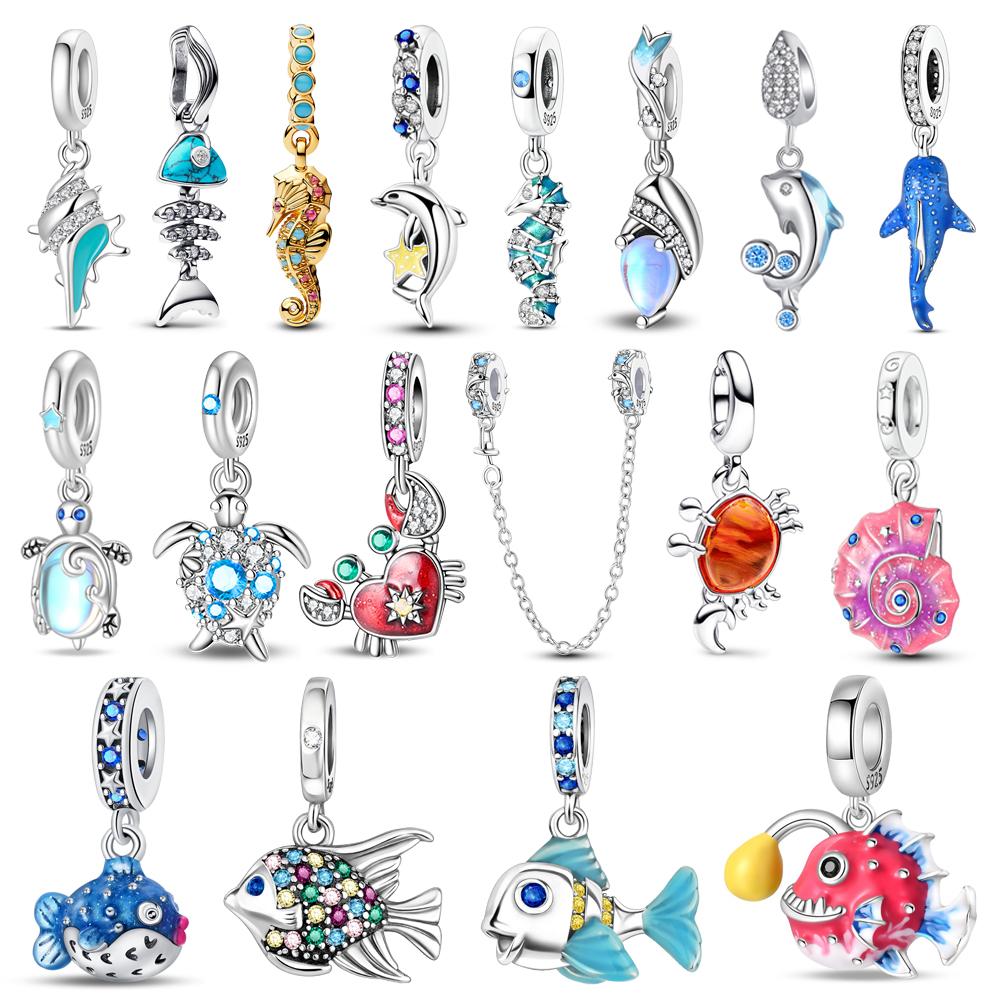 Popular Copper Dolphin Secure Chain & Conch & Sparkling Turtle Dangle Charm Fit Bracelet Exquisite Beach Party Gift