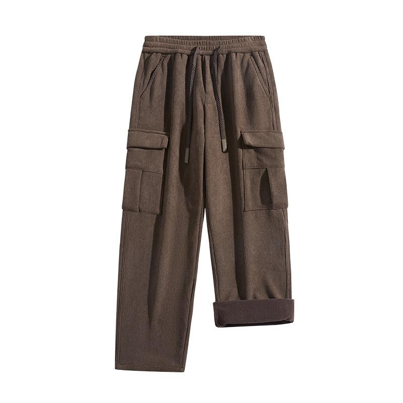 Winter multi-pocket wool lined corduroy sweatpants men's thick warm casual loose straight leg pants