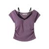 Pure Desire Spice Girl Style Contrasting Colors Fake Two V-neck Short-sleeved T-shirt Summer New Slim and Thin Versatile Top Women