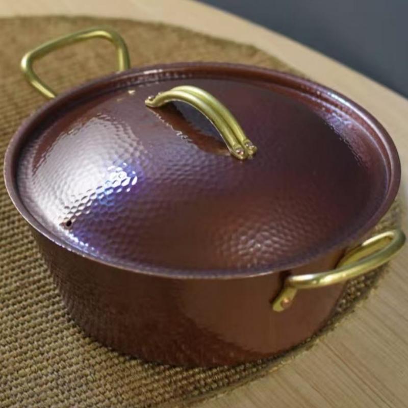 Handcrafted Vintage Copper Pot,Camping Thickened Pot With lid Cooking Utensil Simmering Pasta Stewing,24.5 cm Hammer Texture Pot
