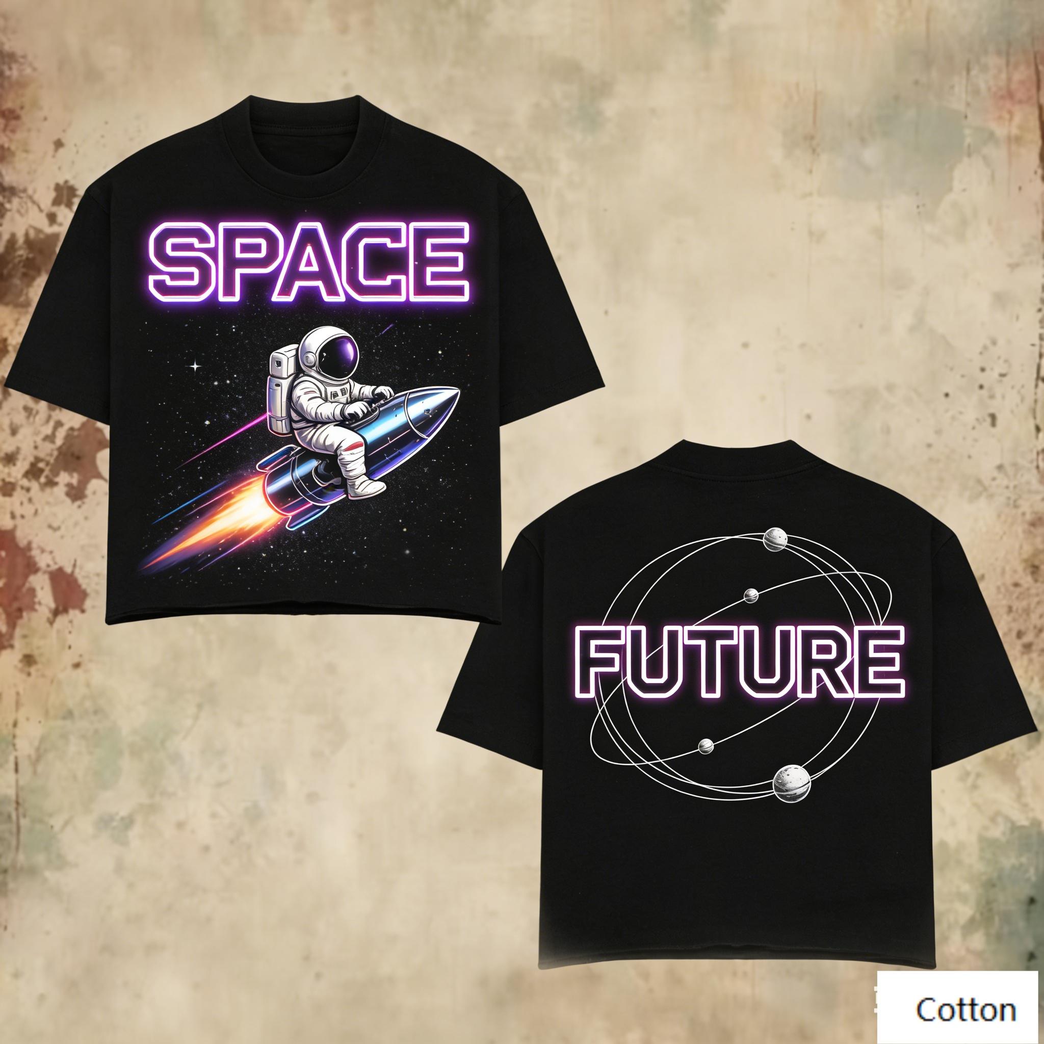 Oversized Black Cotton TShirt with Bold Astronaut on Rocket Graphic and Neon SPACE FUTURE Text Unisex Streetwear Tee S
