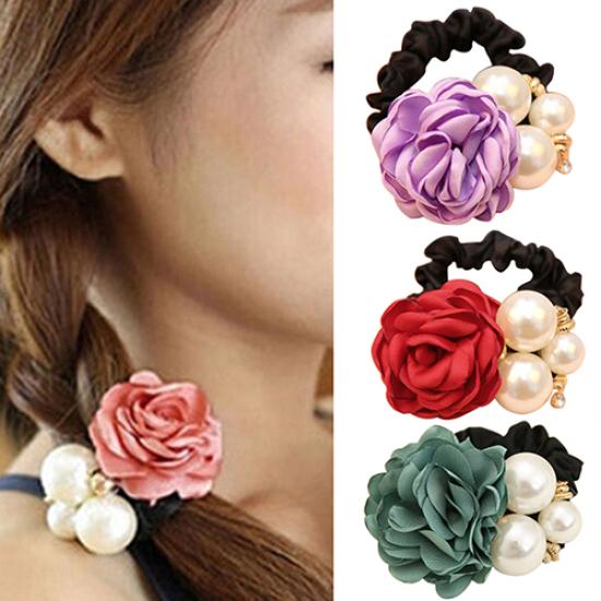 Women Satin Ribbon Rose Hairband Elastic Hair Ties Band Rope Ponytail Holder