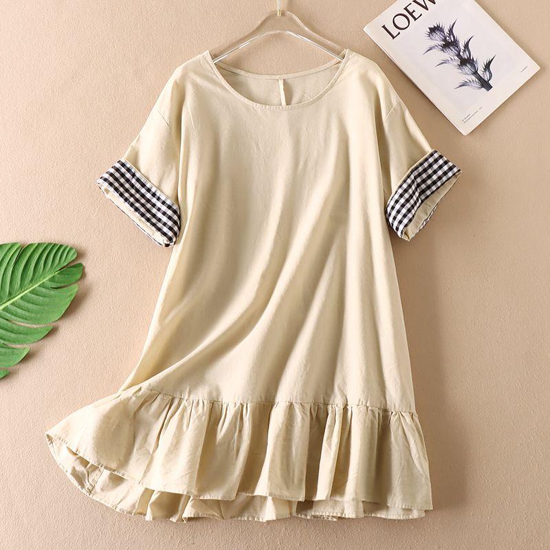 

Cheap and Fine Artsy Cotton and Linen Dress Women s Amoi Ruffles Loose Straight-leg Short Sleeve Linen Dress D693 Khakis All yards
