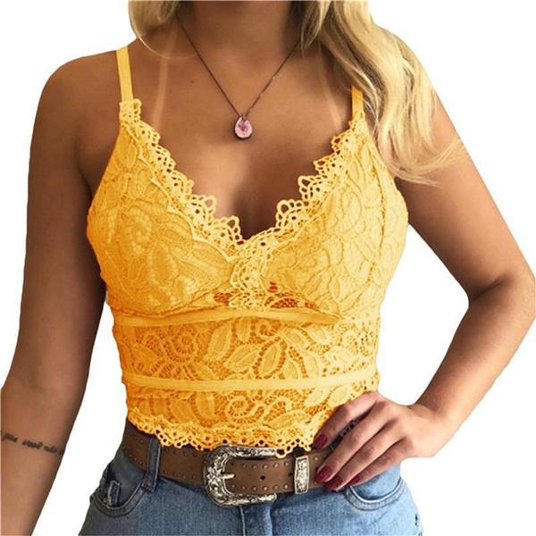 Women's Fashion Deep V Neck Lace Bra Sexy Spaghetti Straps Underwear Hollow Sleeveless Bra Vest