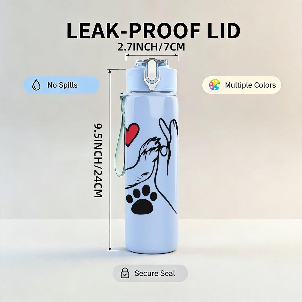1PC Paw And Heart Hand Print 750ml Color Plastic Sports Water Bottle Leakproof Flip Straw Lid Suitable for Sports Office Home Use
