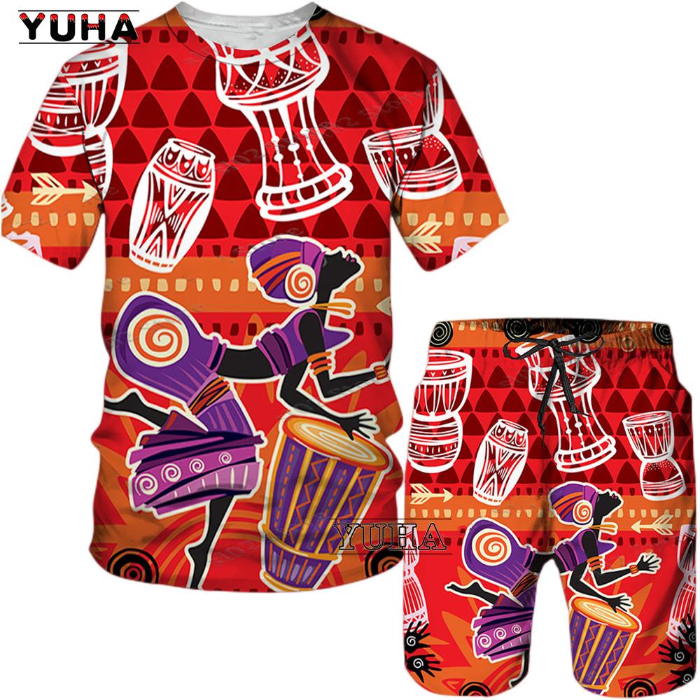 YUHA,Short Sleeve Plus Size Men Retro Ethnic Print Tracksuit Couple Dashiki Clothes Summer African Men's T Shirt Shorts Two Piec