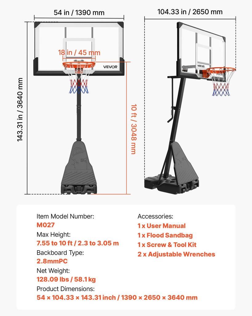 Tragbarer Basketballständer, Höhenverstellung von 2,3 bis 3,05 m Basketballkorb & Korb, Basketballkorb Outdoor mit 1371,6 mm PC-Rückwand für Kinder, Erwachsene