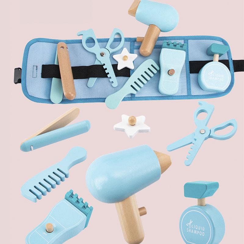 Kids Pretend Play Toy Wooden Simulation Hair Cutting Bag Role Playing Educational Toys 3-6 Year Old Children's Waist Bag Set