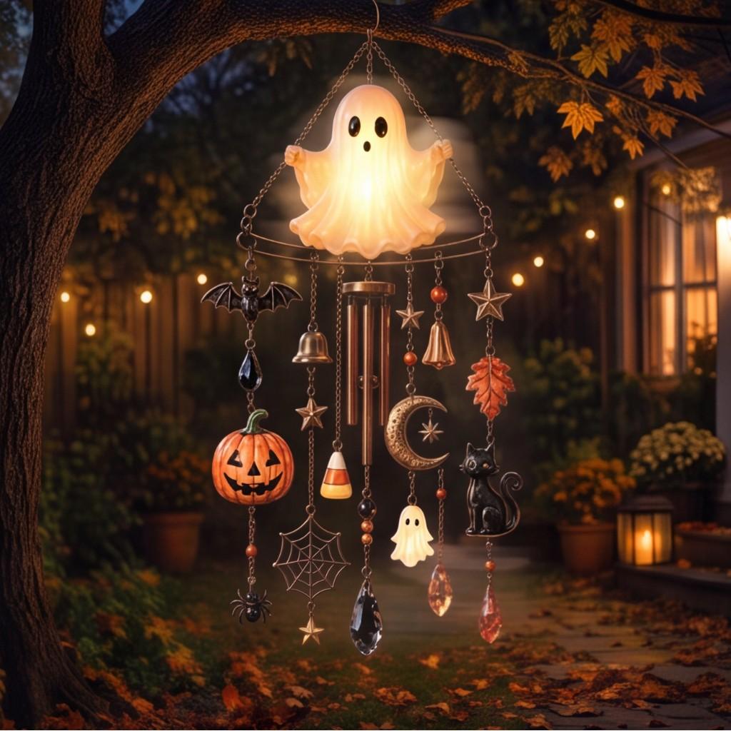 Glow-in-the-Dark Ghost Halloween Wind Chime with Pumpkin Bell Accents Spooky Hanging Ornament for Outdoor Porch Garden Yard Decor
